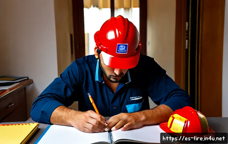 Home 17 화재안전관리기술자 자격증 시험 준비 경험담 - Photorealistic Spanish fire safety certification exam preparation scene, focused adult technician st...